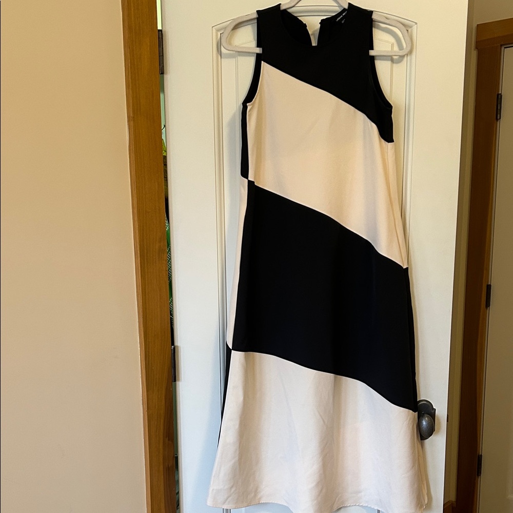 Sleeveless Black and Cream Diagonal-Stripe Midi Dress